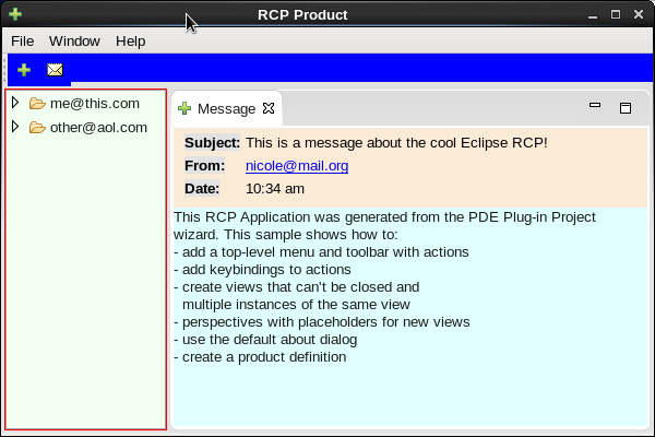 RCP app with tree widget surrounded by red box.